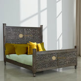 Hand-carved Mango Wood Bed Dark Brown | Wood Carved Double Bed Dark Brown